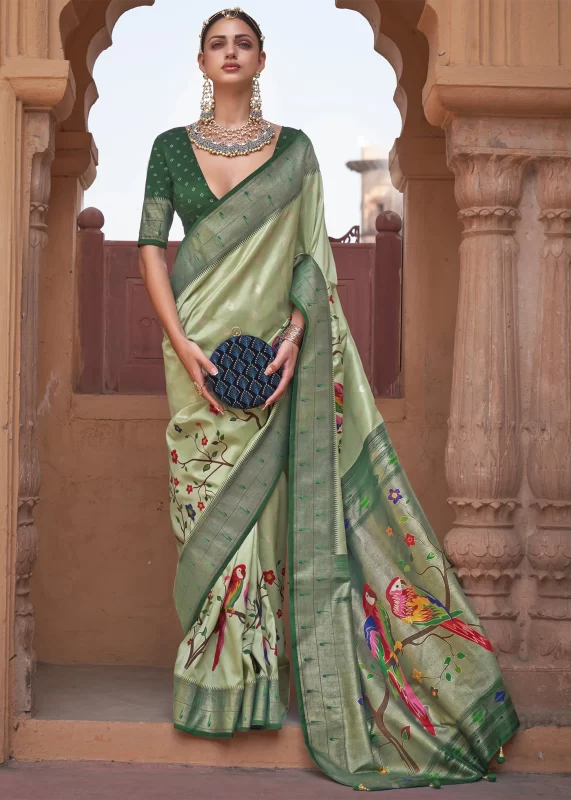 Pastel Green Paithani Silk Saree