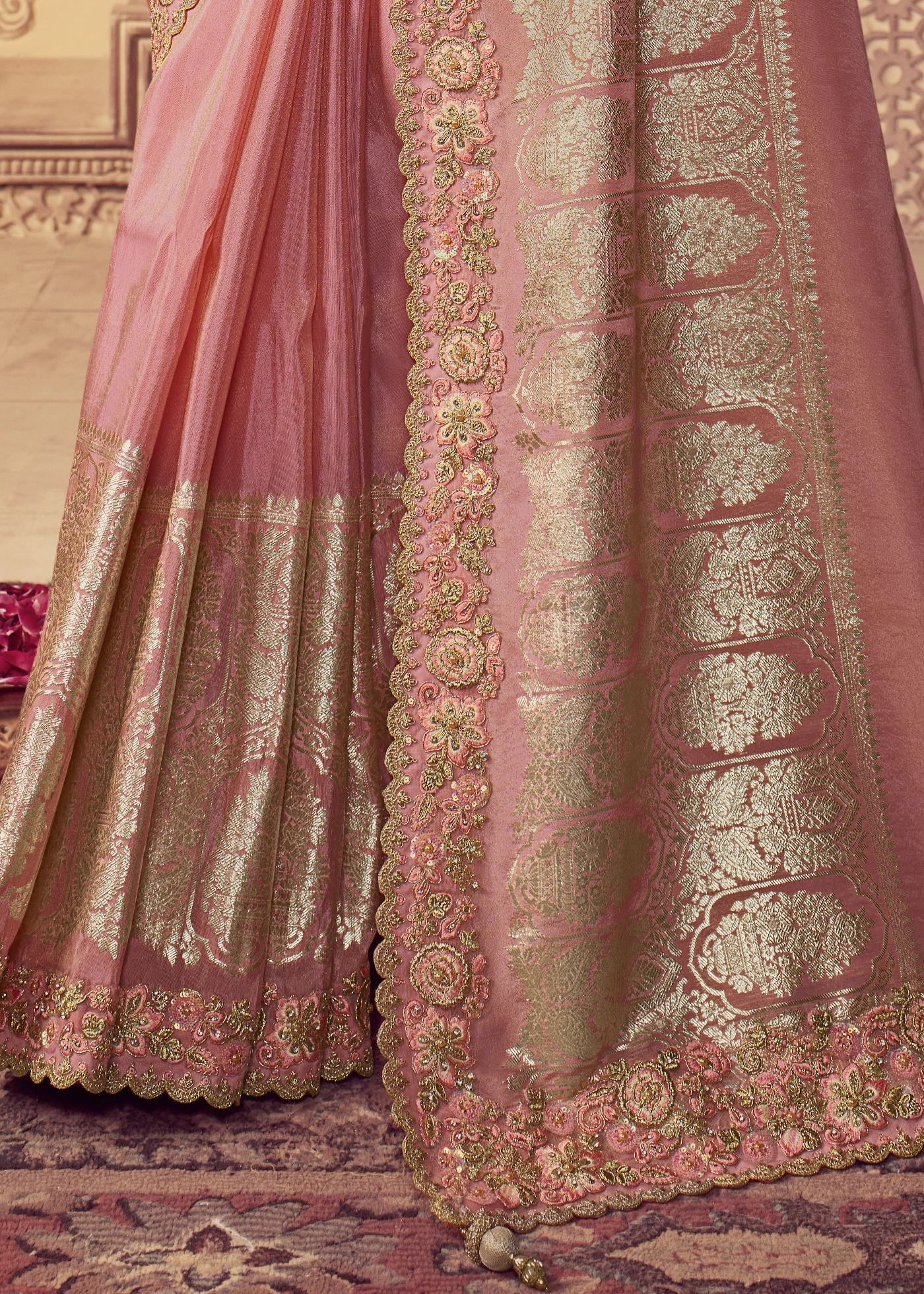 Blush Pink Embroidered Banarasi Silk Saree