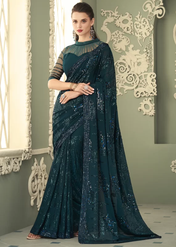 Peacock Blue Georgette Sequins Saree