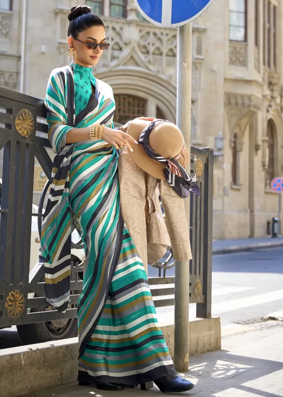 Pine Green Satin Crepe Saree