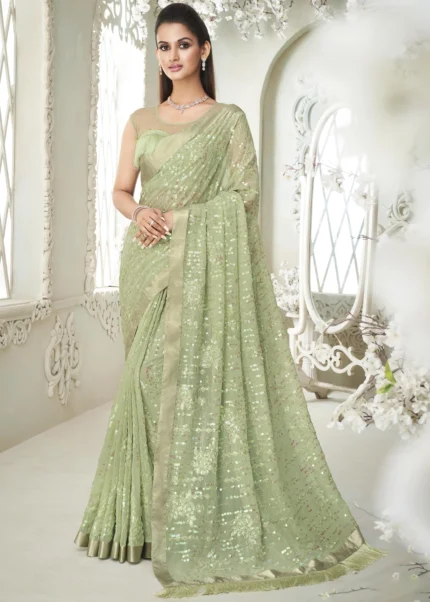 Pista Green Sequins Saree