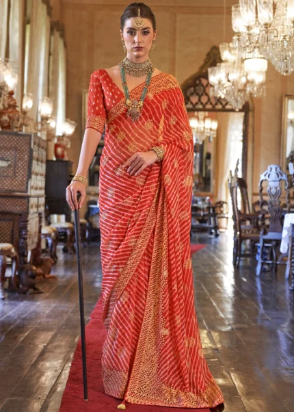 Punch Red Georgette Silk Saree