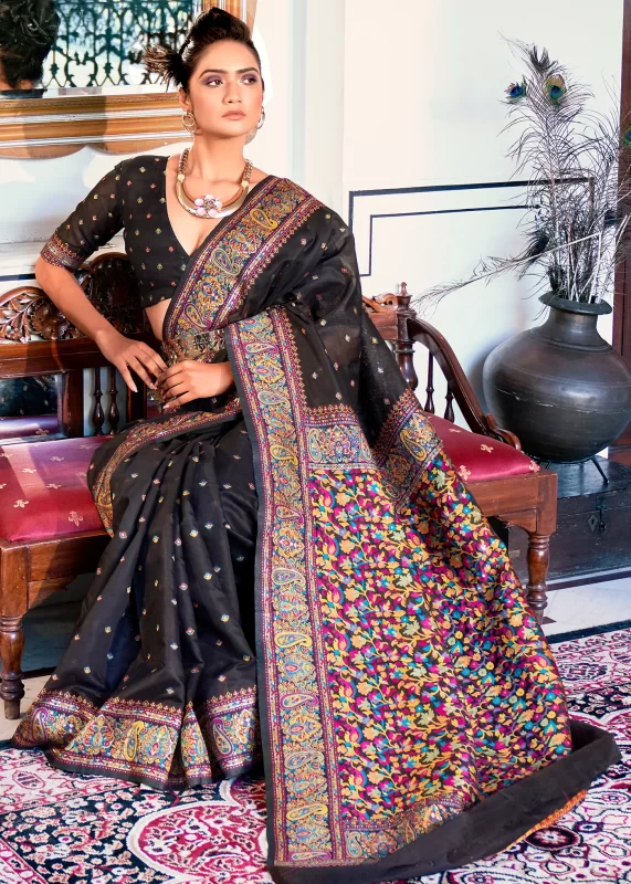 Pure Black Kashmiri Jamawar Pashmina Saree