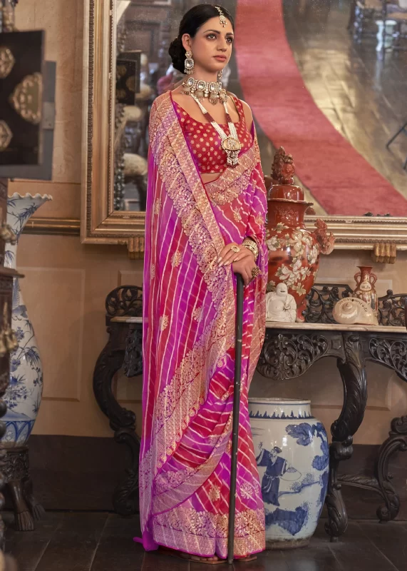 Red & Pink Georgette Silk Saree