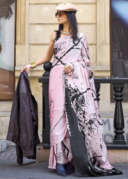 Rose Pink Satin Crepe Saree