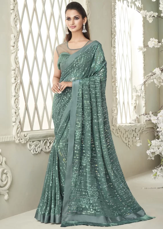 Sea Green Sequins Saree