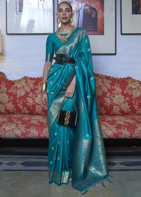 Teal Blue Banarasi Silk Saree