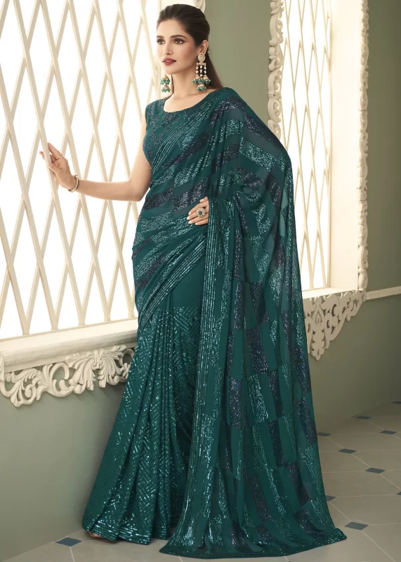 Teal Green Georgette Sequins Saree