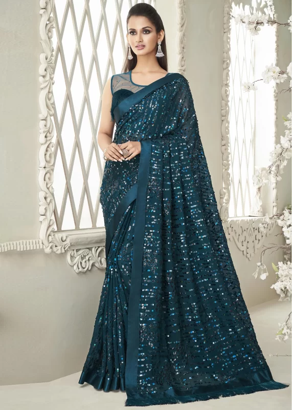 Teal Green Sequins Saree