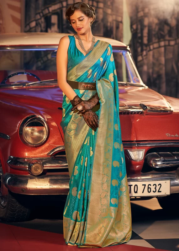 Turquoise Blue Banarasi Silk Saree