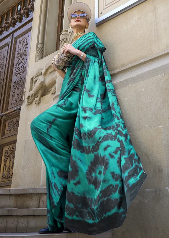 Turquoise Green Satin Crepe Saree