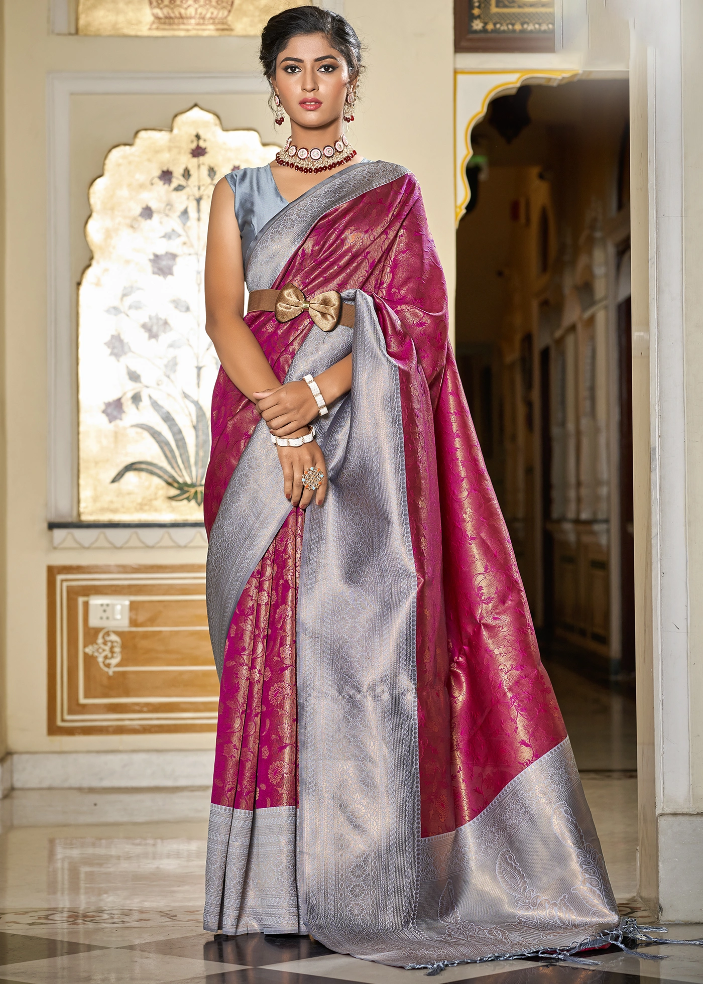 Buy Wine Satin Saree Online in India | Colorauction