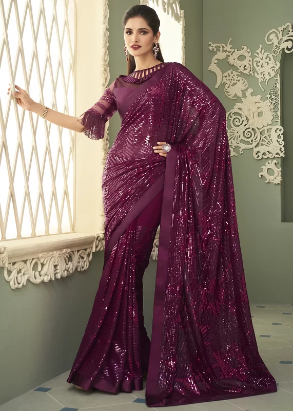 Wine Purple Georgette Sequins Saree