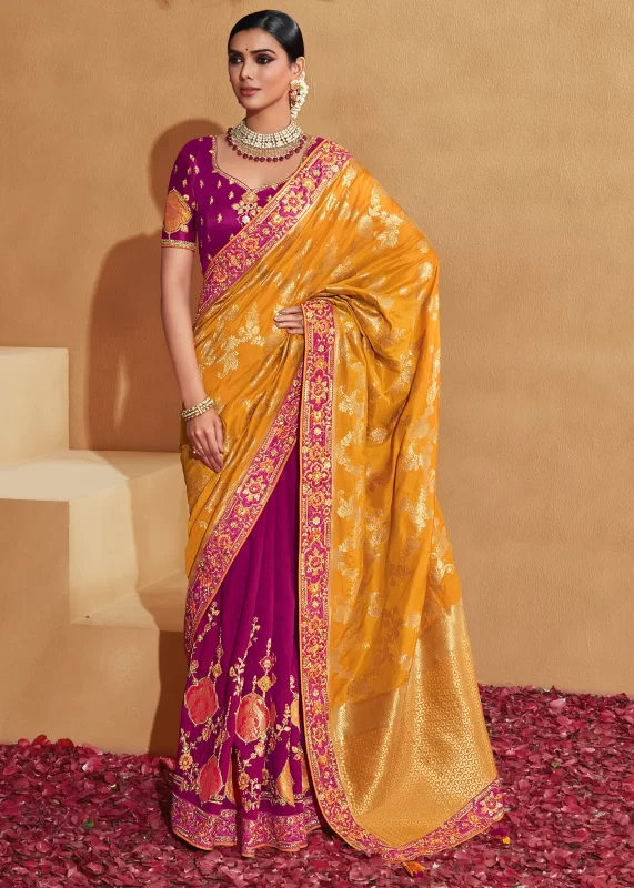 Yellow & Purple Banarasi Saree