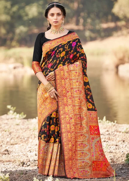 Black Kashmiri Jamawar Saree