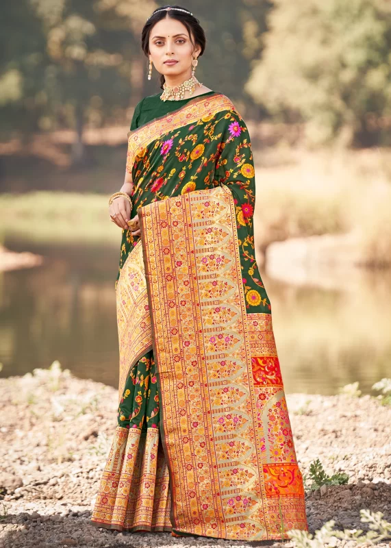 Bottle Green Kashmiri Jamawar Saree