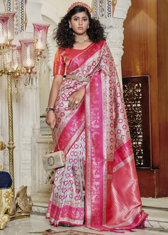 Gray and Pink Banarasi Silk Saree