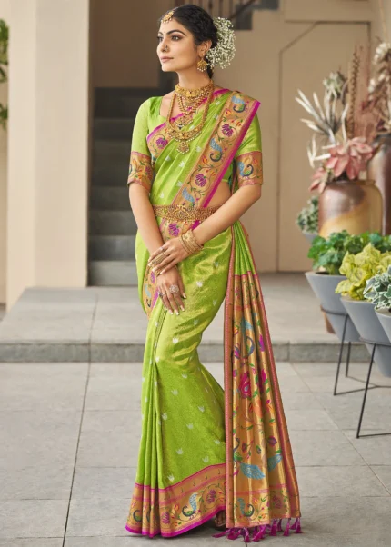 Lime Green Paithani Silk Saree