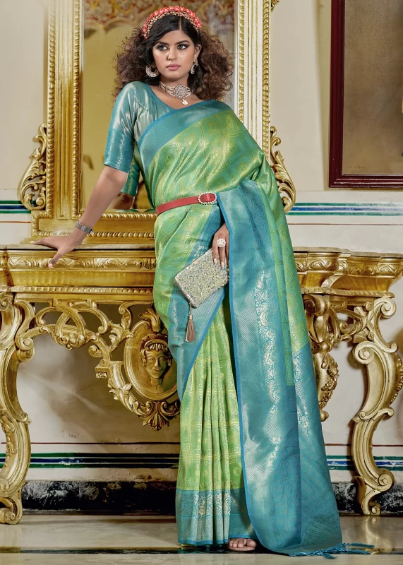 Lime Green and Blue Banarasi Silk Saree