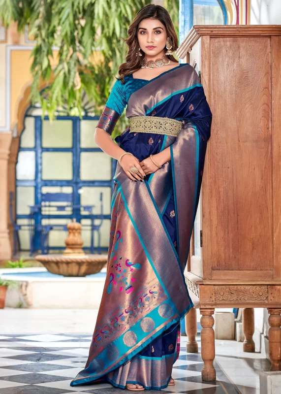 Navy Blue Paithani Silk Saree