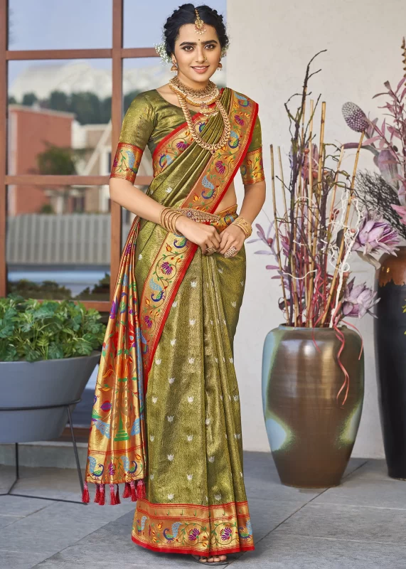 Olive Green Paithani Silk Saree