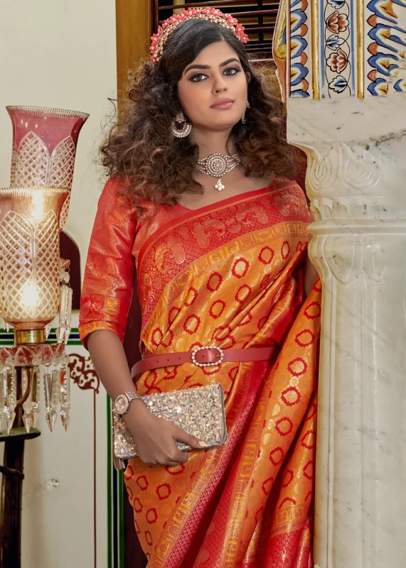 Orange and Red Banarasi Silk Saree