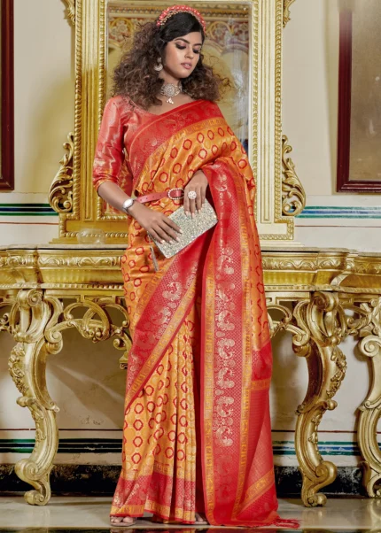 Orange and Red Banarasi Silk Saree