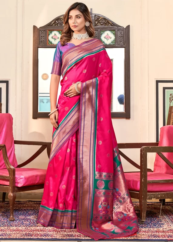 Pink and Purple Paithani Silk Saree