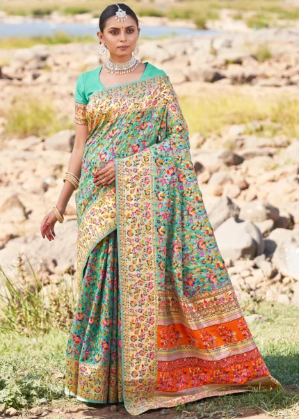 Seafoam Green Kashmiri Jamawar Saree