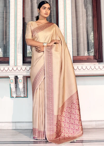 Kanjivaram Silk Saree Beige Color With Weaving Work