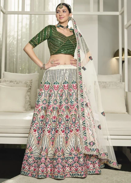 White & Green Silk Lehenga