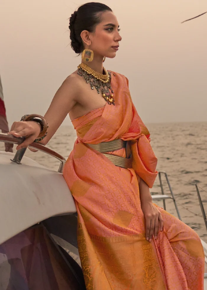 Coral Peach Satin Silk Saree