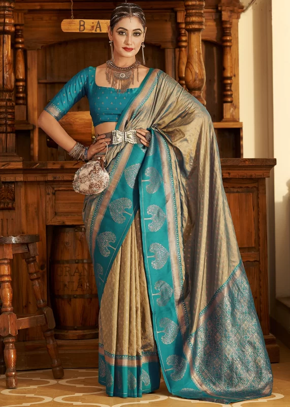 Golden Beige Banarasi Silk Saree