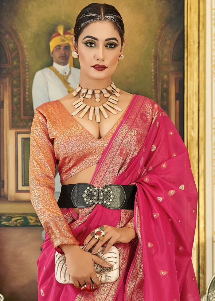 Hot Pink Banarasi Organza Saree