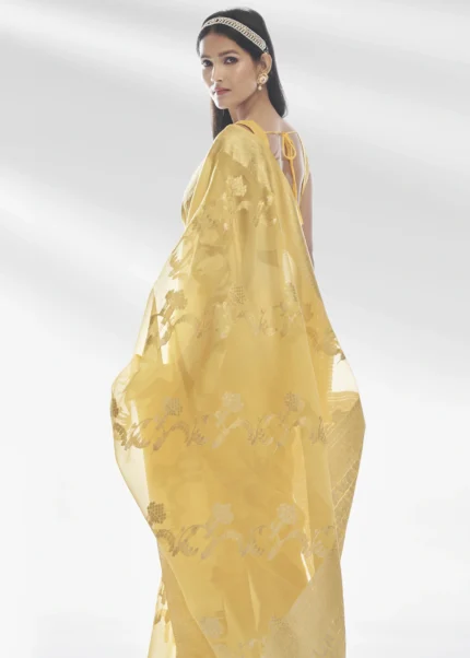 Lemon Yellow Organza Silk Saree