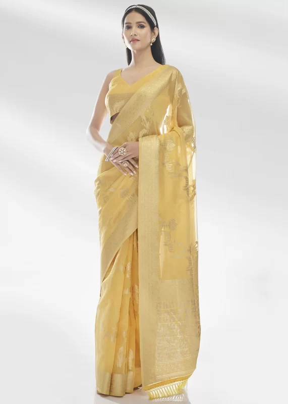 Lemon Yellow Organza Silk Saree