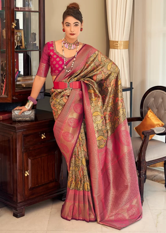 Olive Brown & Magenta Kanjivaram Saree