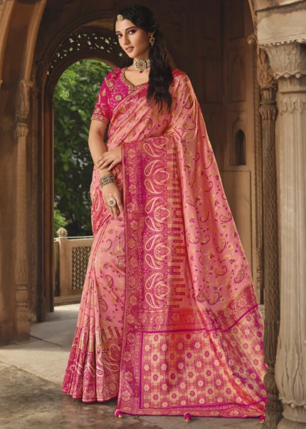 Peachy Pink Banarasi Saree