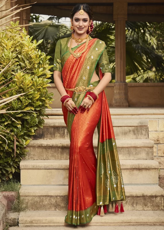 Coral Orange & Green Kanjivaram Saree