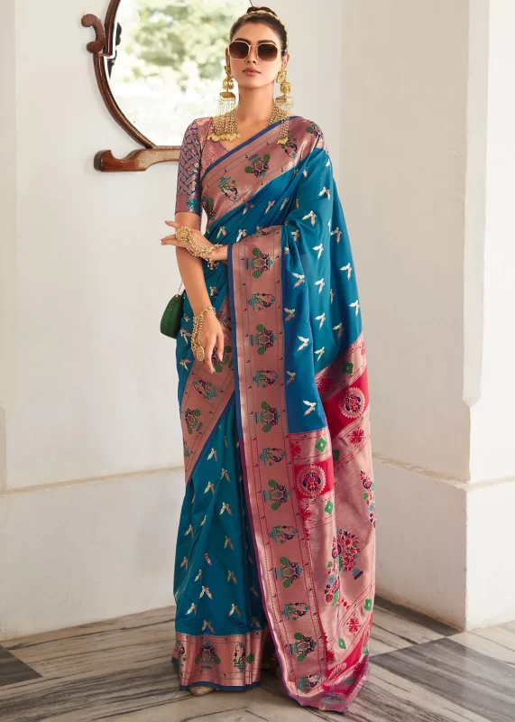 Peacock Blue Paithani Silk Saree