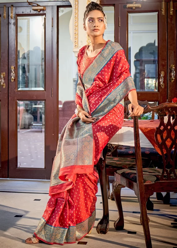 Peachy Red Banarasi Saree in Georgette with Intricate Floral Zari Jaal