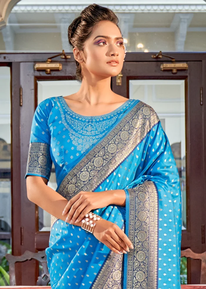 Sky Blue Banarasi Silk Saree - Urban Womania