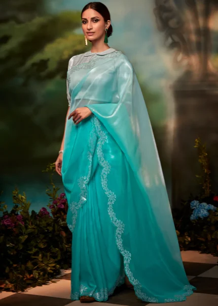 Aqua Blue Organza Silk Saree