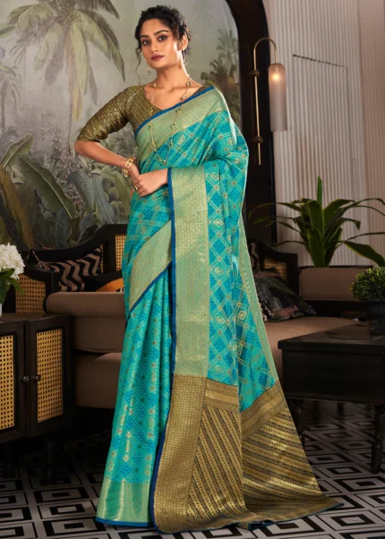 Aruba Blue Patola Silk Saree