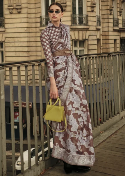 Brown Lucknowi Chikankari Saree