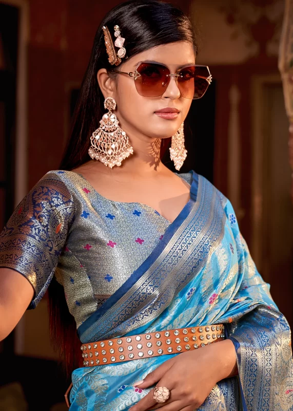 Cyan Blue Banarasi Saree