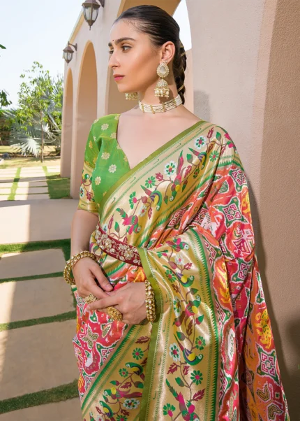 Green and Peach Paithani Silk Saree