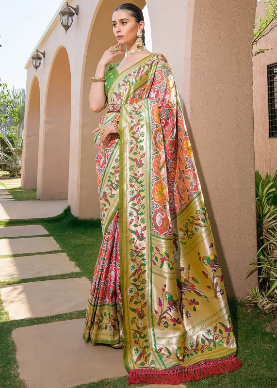 Green and Peach Paithani Silk Saree