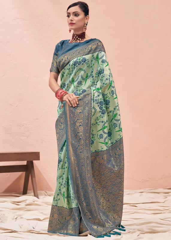 Mint Green and Blue Kanjivaram Saree