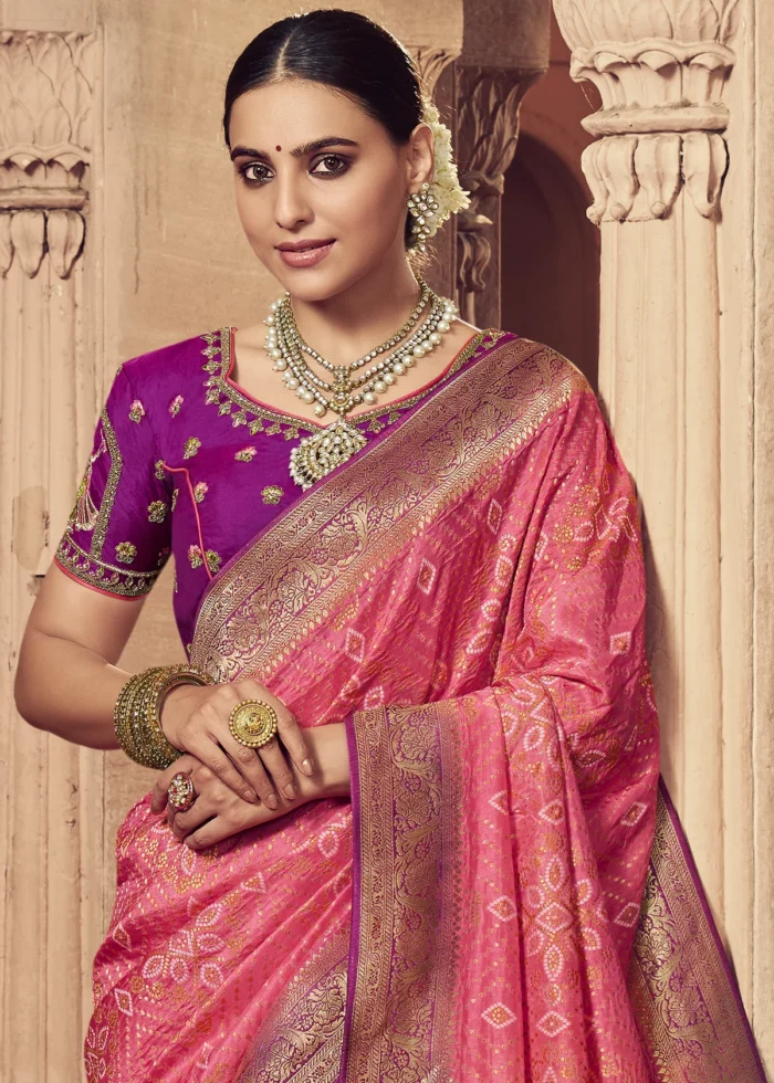 Rose Pink Banarasi Dola Silk Saree - Urban Womania